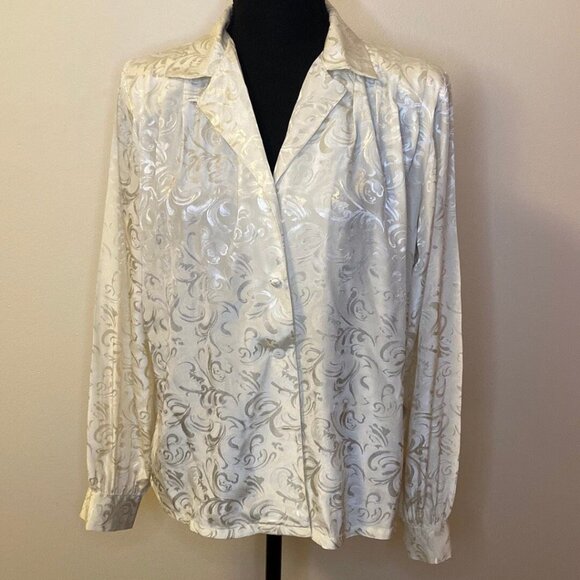 Vintage 1980s Koret Career White Button Up Blouse with Sateen Paisley - Picture 1 of 6